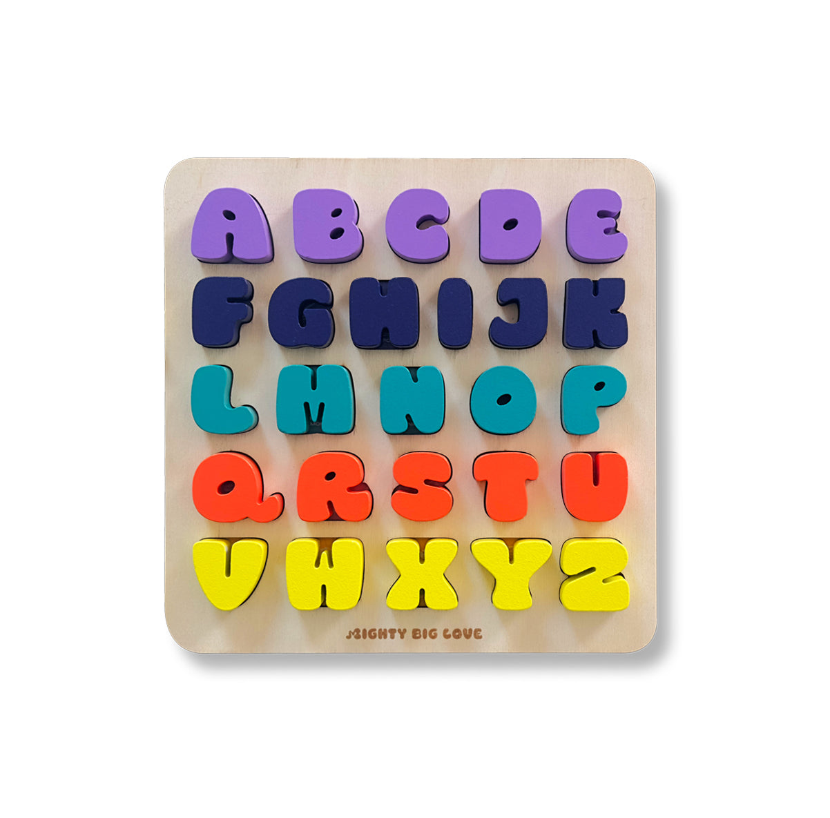Colorful alphabet puzzle on a wooden board with letters A to Z.